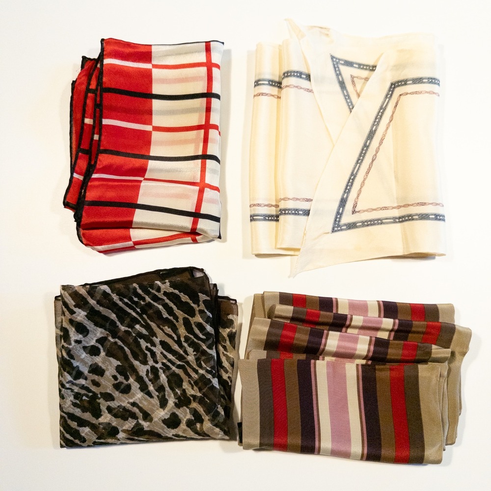 Silk Scarf Lot 4 Pieces Square Rectangular Stripe Plaid Animal Vera Isa Ginnie